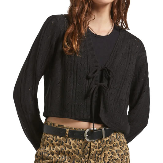Cropped Pointelle Tie Cardigan