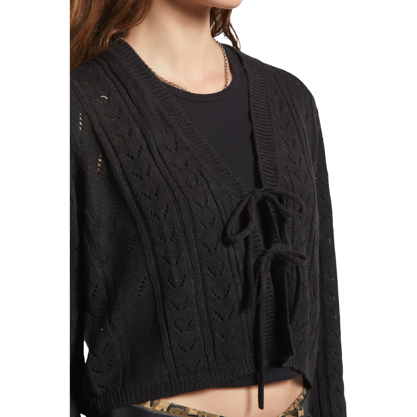 Cropped Pointelle Tie Cardigan