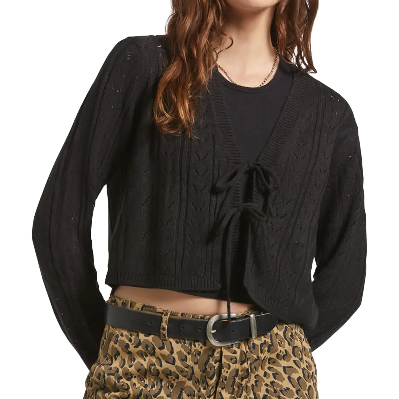 Cropped Pointelle Tie Cardigan